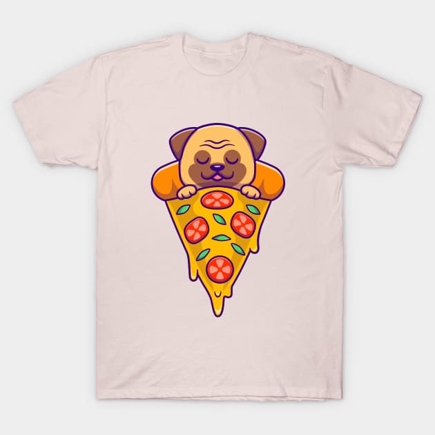 Cute Pug Dog Sleeping On Pizza Cartoon T-Shirt by Catalyst Labs